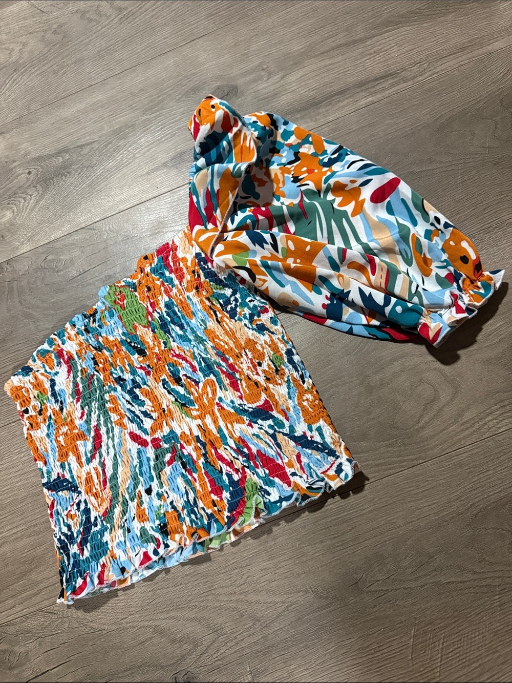 Multicolor Smocked Crop Top with Tropical Print